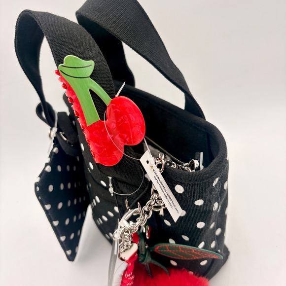 Madden Girl Polka Dot Mini Tote Bag Cherry Pouch Pom Pom Hair Clip Set Black MG - Picture 4 of 9